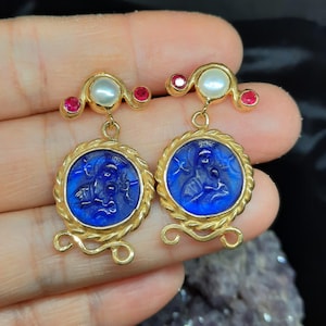 Intaglio Glass Saints Mary and Jesus With Pearl Earring Glass Art Intaglio Silver Earring Ancient Roman Art Vintage Charm 24K Gold Over