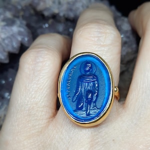 Intaglio Glass Saint Pereorine Ring ,Glass Art Intaglio Silver Ring ,Ancient Greek Art Vintage 24K Gold Over
