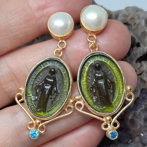 Intaglio Glass Saint The Virgin Mary Earrings , Glass Art Intaglio Silver Ancient Roman Art Vintage 24K Gold Over