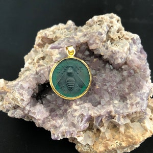 Intaglio Glass Pendant Greek Ephesus Bee Pendant Glass Art Intaglio Silver Pendant Ancient Greek  Art Vintage Charm 24K Gold Over