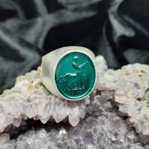 Anillo de centauro de mitología griega antigua con grabado en vidrio, anillo de plata con grabado en vidrio, arte griego antiguo vintage con oro de 24 quilates.