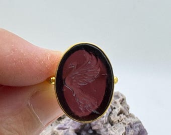 Intaglio Glass Phoenix Ring , Glass Art Intaglio Silver Ring ,Ancient Greek  Art Vintage 24K Gold Over