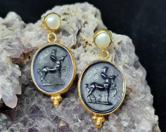 Intaglio Glass Antique Greek Mythology  Centaur Earrings  Glass Art Intaglio Silver Earring Ancient Greek Art Vintage 24K Gold Over