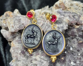 Intaglio Glass Antique Greek Mythology  Centaur Earrings  Glass Art Intaglio Silver Earring Ancient Greek Art Vintage 24K Gold Over