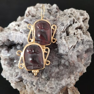 Intaglio Glass Antique Greek Mythology Owl Earrings  Glass Art Intaglio Silver Earring Ancient Greek Art Vintage 24K Gold Over