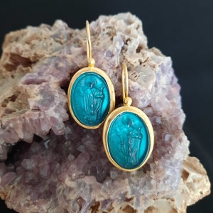 Intaglio Glass Saint Nicholas Earrings  Glass Art Intaglio Silver Ancient Greek Art Vintage 24K Gold Over