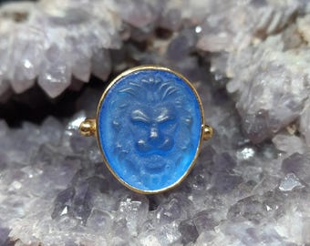 Intaglio Glass Lion Ring, Glass Art Intaglio Silver Ring ,Ancient Greek  Art Vintage 24K Gold Over