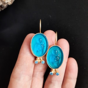 Intaglio Glass Saint Teresa Earrings  Glass Art Intaglio Silver Ancient Roman Art Vintage 24K Gold Over
