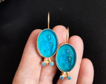 Intaglio Glass Saint Teresa Earrings  Glass Art Intaglio Silver Ancient Roman Art Vintage 24K Gold Over