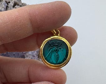 Intaglio Glass Bee Pendant Glass Art Intaglio Silver Pendant Ancient Greek  Art Vintage Charm 24K Gold Over