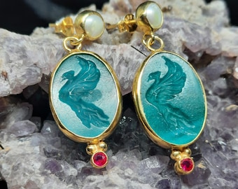 Intaglio Glass Phoenix Earrings  Glass Art Intaglio Silver Ancient Phoenix  Egyptian, Greek & Roman  Art Vintage 24K Gold Over