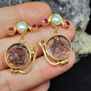 Intaglio Glass Saints Mary and Jesus With Pearl Earring  Glass Art Intaglio Silver Earring Ancient Roman Art Vintage Charm 24K Gold Over