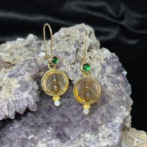 Intaglio Glass Bee Earring With Zircon Glass Art Intaglio Silver Earring Ancient Greek Art Vintage Charm 24K Gold Over