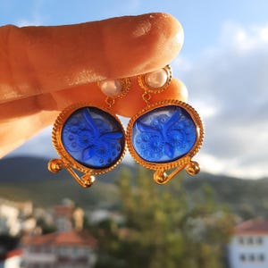 Intaglio Glass Antique Owl Earrings  Glass Art Intaglio Silver Earring Ancient Greek Art Vintage 24K Gold Over