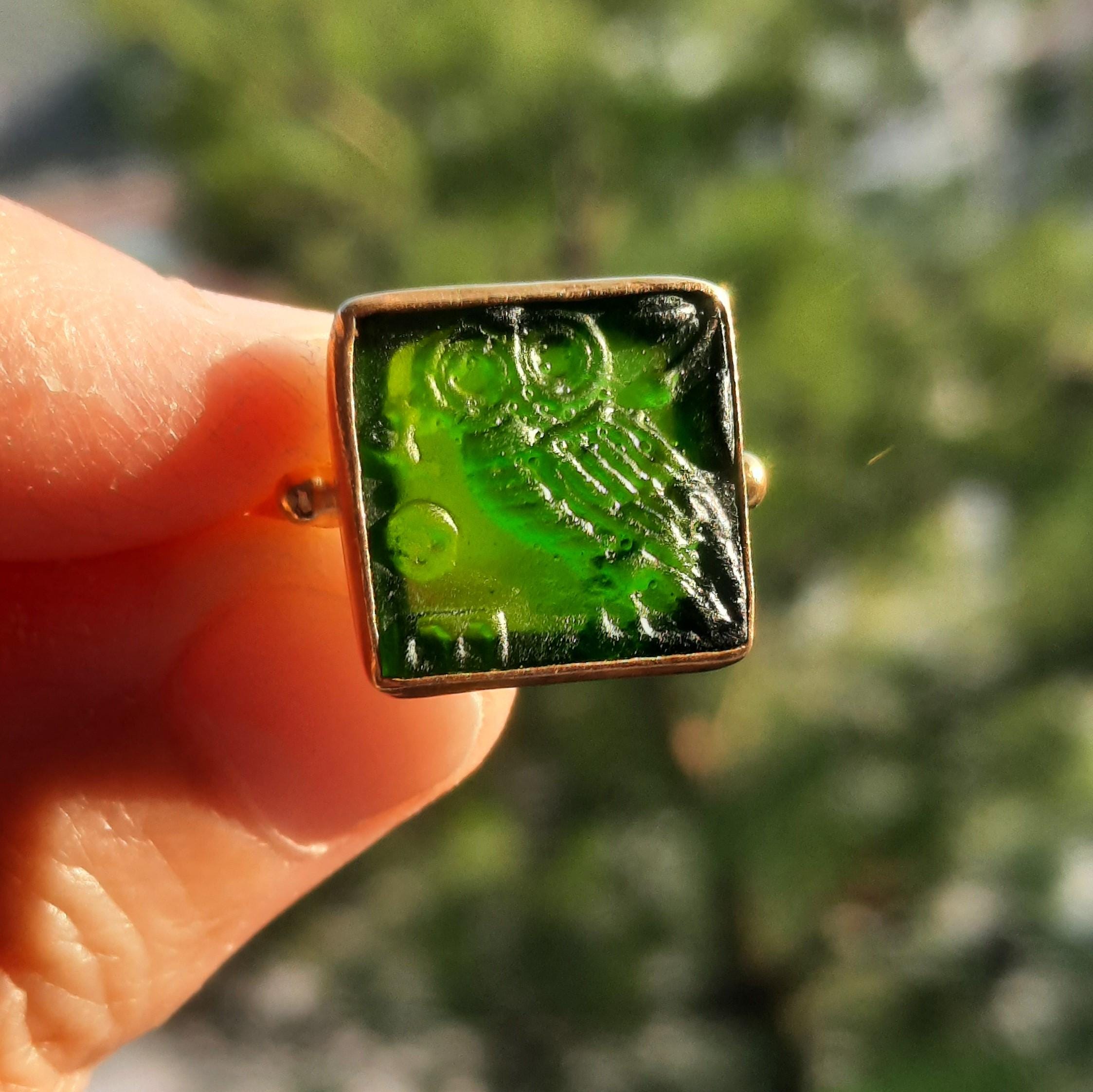 Intaglio Glass Antique Greek Mythology Owl Ring , Glass Art Intaglio Silver Ring ,Ancient Greek  Art