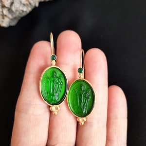 Intaglio Glass Saint Nicholas Earrings  Glass Art Intaglio Silver Ancient Greek Art Vintage 24K Gold Over