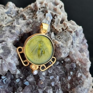Intaglio Glass Pendant Greek Ephesus Bee Pendant Glass Art Intaglio Silver Pendant Ancient Greek  Art Vintage Charm 24K Gold Over