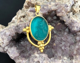 Intaglio Glass  Pendant , Guardian Angel  Art Intaglio Silver Pendant Ancient Greek Art Vintage Charm 24K Gold Plated