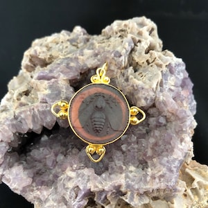 Intaglio Glass Pendant Greek Ephesus Bee Pendant Glass Art Intaglio Silver Pendant Ancient Greek  Art Vintage Charm 24K Gold Over