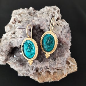 Intaglio Glass Saint Michael Earrings  Glass Art Intaglio Silver Ancient Greek Art Vintage 24K Gold Over