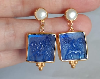 Intaglio Glass Pegasus The Winged Lion Earrings with Pearl, Glass Art Intaglio Silver Earring  Art Vintage 24K Gold Over