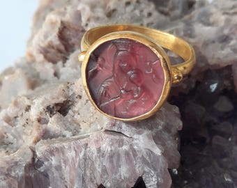 Intaglio Glass Saints Mary and Jesus Ring, Glass Art Intaglio Silver Ring ,Ancient Greek  Art Vintage 24K Gold Over