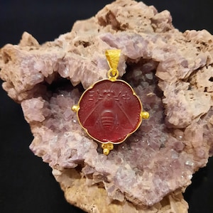 Intaglio Glass Pendant Greek Ephesus Bee Pendant Glass Art Intaglio Silver Pendant Ancient Greek  Art Vintage Charm 24K Gold Over