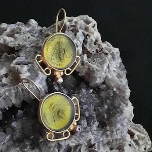 Intaglio Glass Antique  Greek Ephesus Bee  Earrings  Glass Art Intaglio Silver Earring Ancient Greek Art Vintage 24K Gold Over