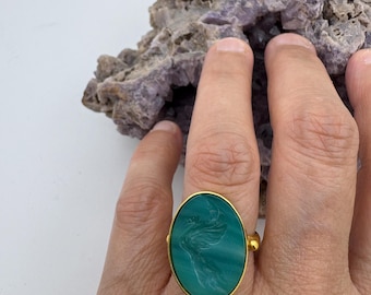 Intaglio Glass Phoenix Ring , Glass Art Intaglio Silver Ring ,Ancient Greek  Art Vintage 24K Gold Over