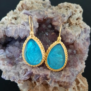 Intaglio Glass Peacock Earrings  Glass Art Intaglio Silver Ancient Greek Art Vintage 24K Gold Over