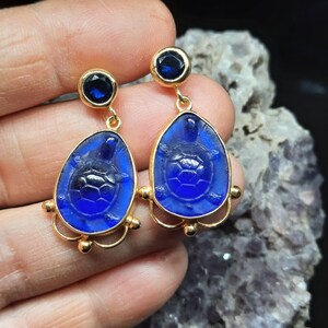 Glass Art Intaglio Glass Turtle Earrings Intaglio Silver Ancient  Art Vintage Over 24K Gold