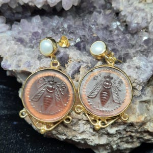 Intaglio Glass Antique  Greek Ephesus Bee  Earrings  Glass Art Intaglio Silver Earring Ancient Greek Art Vintage 24K Gold Over