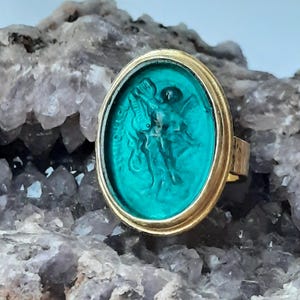 Intaglio Glass Saint Michael Ring ,Glass Art Intaglio Silver Ring ,Ancient Greek Art Vintage 24K Gold Over
