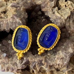 Egyptian Queen Cleopatra intaglio glass earrings  Ancient Egyptian  Art Vintage 24K Gold Over