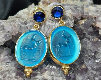 Intaglio Glass Antique Greek Mythology  Centaur Earrings  Glass Art Intaglio Silver Earring Ancient Greek Art Vintage 24K Gold Over