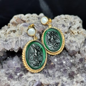Intaglio Glass Saint Michael Earrings with Pearl Glass Art Intaglio Silver Ancient Greek Art Vintage 24K Gold Over