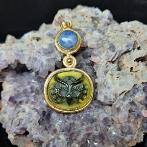 Intaglio Glass Owl Pendant with Lapis, Glass Art Intaglio Silver Pendant, Ancient Art Vintage Charm 24K Gold Over