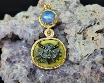 Intaglio Glass Owl Pendant with Lapis, Glass Art Intaglio Silver Pendant, Ancient Art Vintage Charm 24K Gold Over