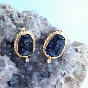 Egyptian Queen Cleopatra intaglio glass earrings  Ancient Egyptian  Art Vintage 24K Gold Over