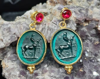 Intaglio Glass Antique Greek Mythology  Centaur Earrings  Glass Art Intaglio Silver Earring Ancient Greek Art Vintage 24K Gold Over