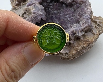 Intaglio Glass Buddha Tree Ring ,Glass Art Intaglio Silver Ring ,Ancient Greek Art Vintage 24K Gold Over