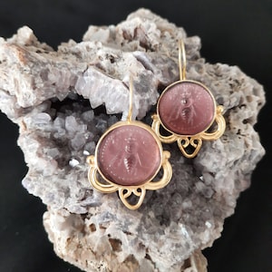 Intaglio Glass Antique  Greek Ephesus Bee  Earrings  Glass Art Intaglio Silver Earring Ancient Greek Art Vintage 24K Gold Over