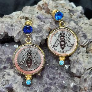Intaglio Glass Antique  Greek Ephesus Bee  Earrings  Glass Art Intaglio Silver Earring Ancient Greek Art Vintage 24K Gold Over