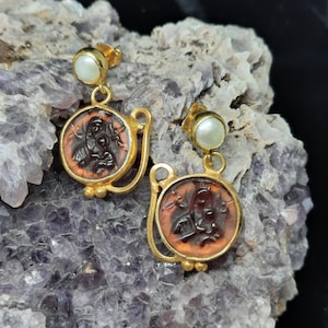 Intaglio Glass Saints Mary and Jesus With Pearl Earring  Glass Art Intaglio Silver Earring Ancient Roman Art Vintage Charm 24K Gold Over