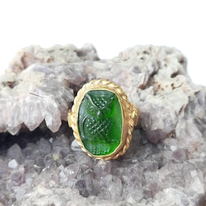 Anillo de búho de vidrio intaglio Arte de vidrio Anillo de plata intaglio Arte griego antiguo Vintage Oro de 24 quilates