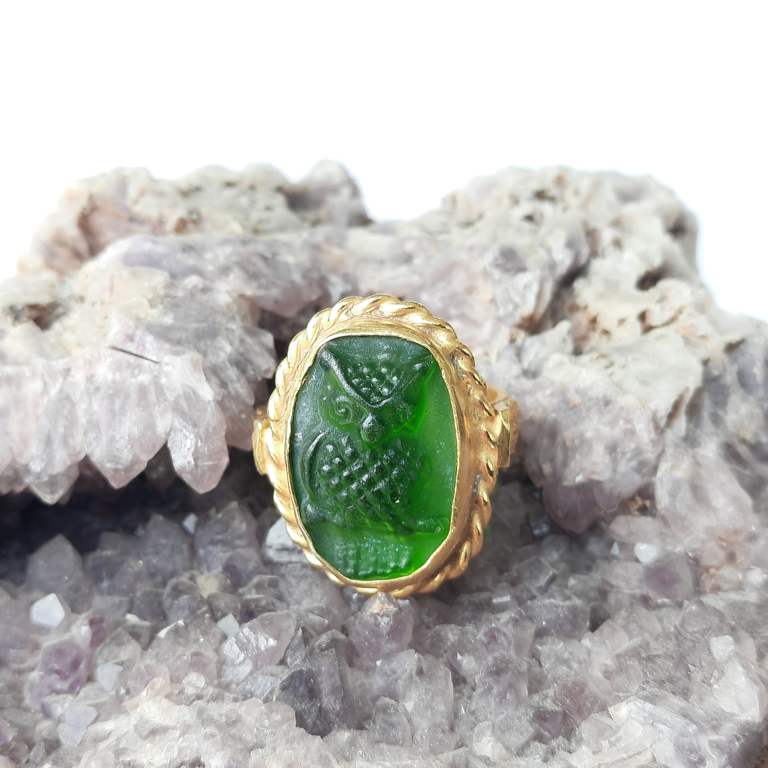 Intaglio Glass Owl Ring Glass Art Intaglio Silver Ring Ancient Greek Art Vintage 24K Gold Over