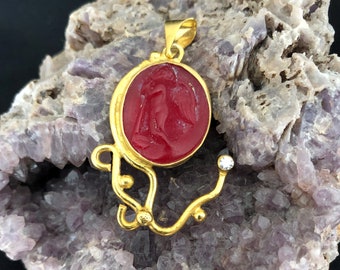 Intaglio Glass Pendant Greek Eros Pendant With Zircon Glass Art Intaglio Silver Pendant Ancient Greek  Art Vintage Charm 24K Gold Over