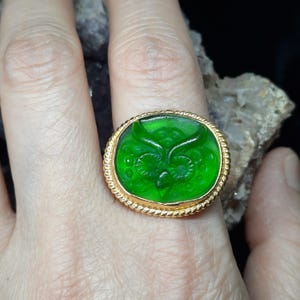 Anillo de búho de vidrio intaglio Arte de vidrio Anillo de plata intaglio Arte griego antiguo Vintage Oro de 24 quilates