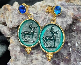 Intaglio Glass Antique Greek Mythology  Centaur Earrings  Glass Art Intaglio Silver Earring Ancient Greek Art Vintage 24K Gold Over