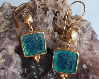 Ancient Greek Sphinx With Pearl Glass Art Intaglio Silver Earring Ancient Greek Art Vintage Charm 24K Gold Over
